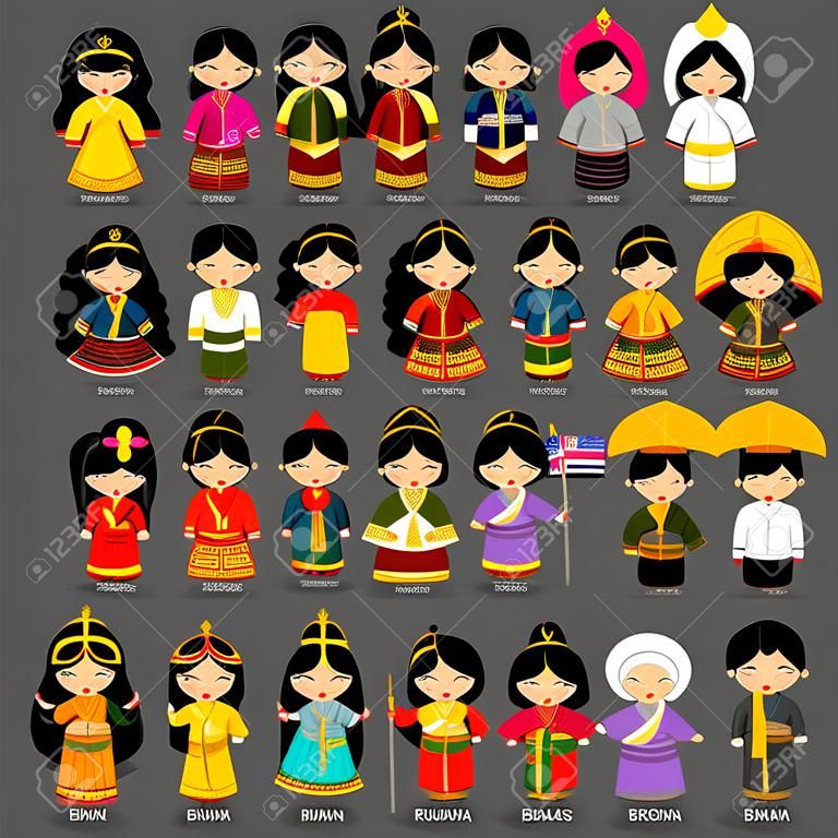 Leute in Nationaltracht. Birma (Myanmar), Brunei, Bhutan, Bangladesch, Indien, Nepal, Thailand, Malaysia, Laos. Satz asiatische Paare gekleidet im traditionellen Kostüm. Nationale Kleidung. Vektor-illustration