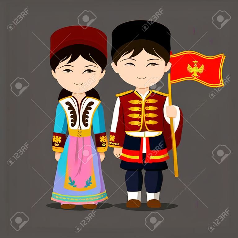 Montenegrins in national dress with a flag.