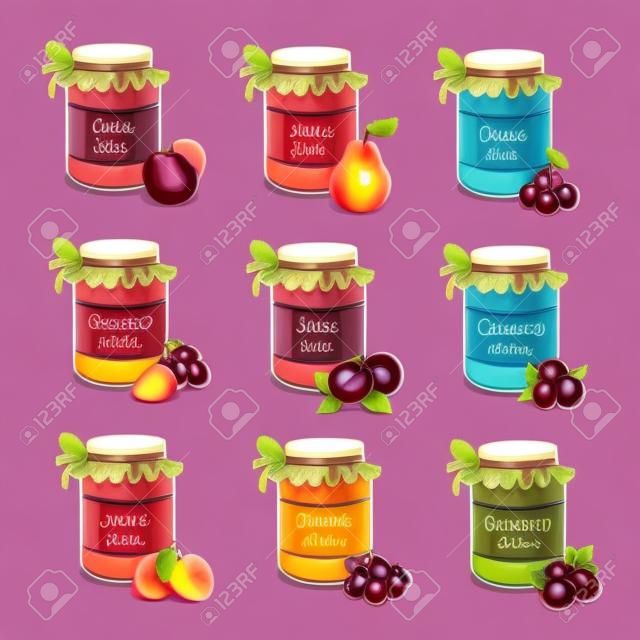 Set of colored jars with delicious homemade jam. Apple, pear, cherry, strawberry, peach, raspberry, plum, black currant and gooseberry. Vector illustration.
