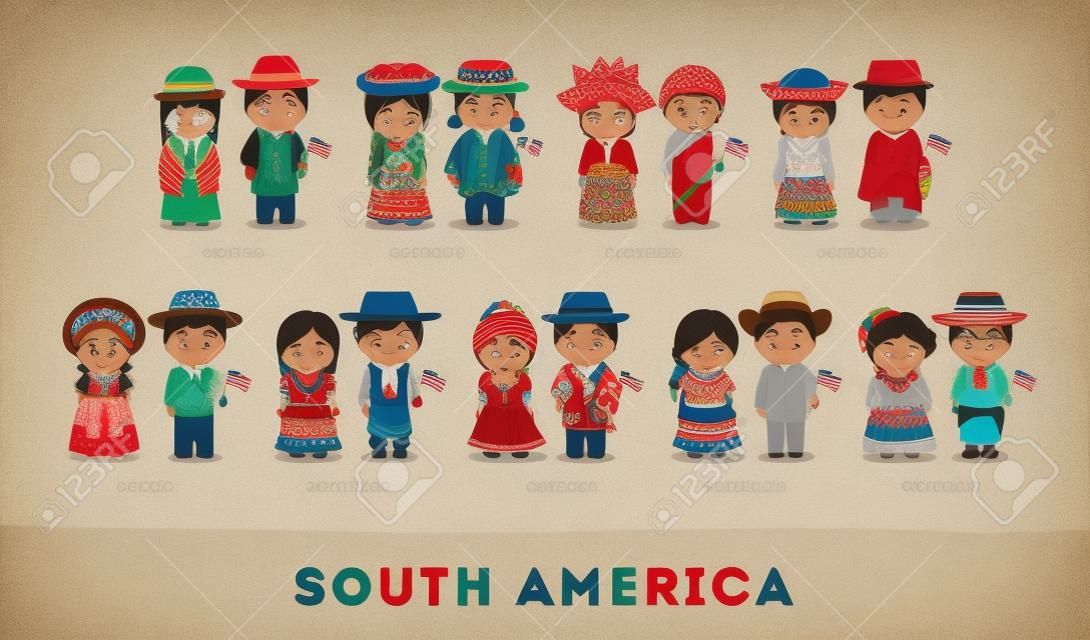 Amerikanen in nationale kleding. Zuid-Amerika. Set van cartoon personages in traditionele kostuum.
