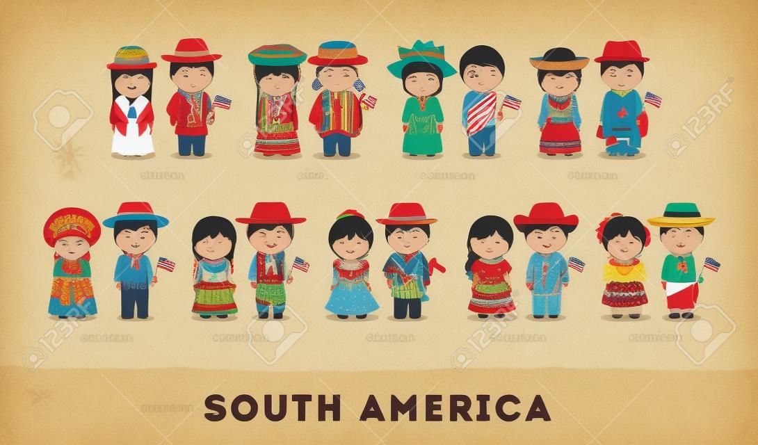 Amerikanen in nationale kleding. Zuid-Amerika. Set van cartoon personages in traditionele kostuum.