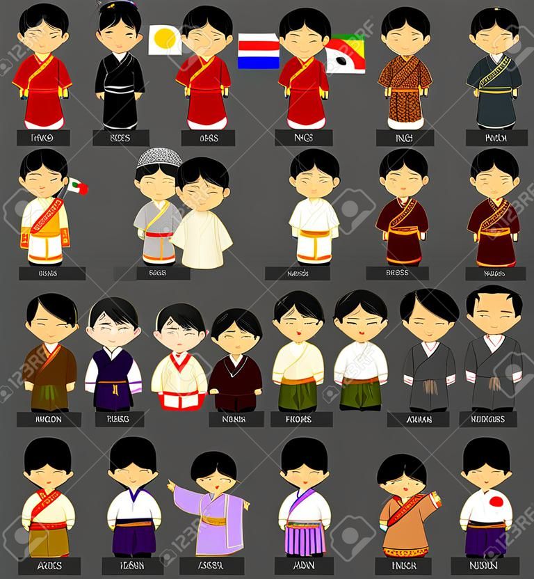 국가 복장의 아시아 소년. 국가 옷을 입은 아시아 남자의 집합입니다.