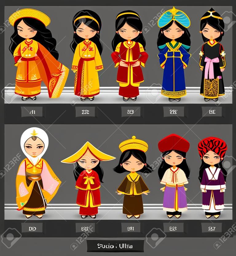 Set di personaggi dei cartoni animati in costume tradizionale