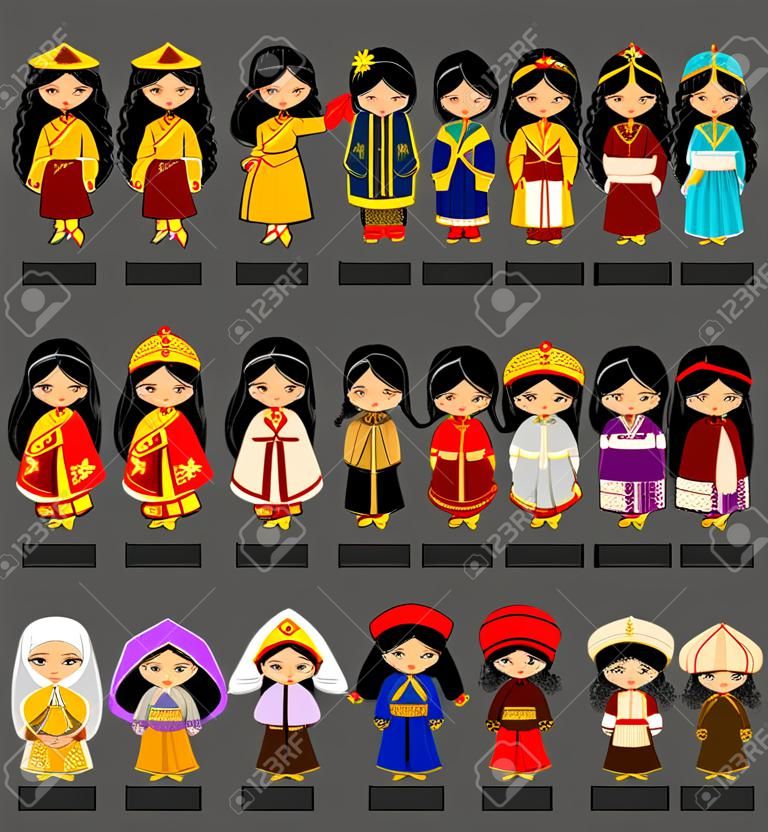 Set di personaggi dei cartoni animati in costume tradizionale