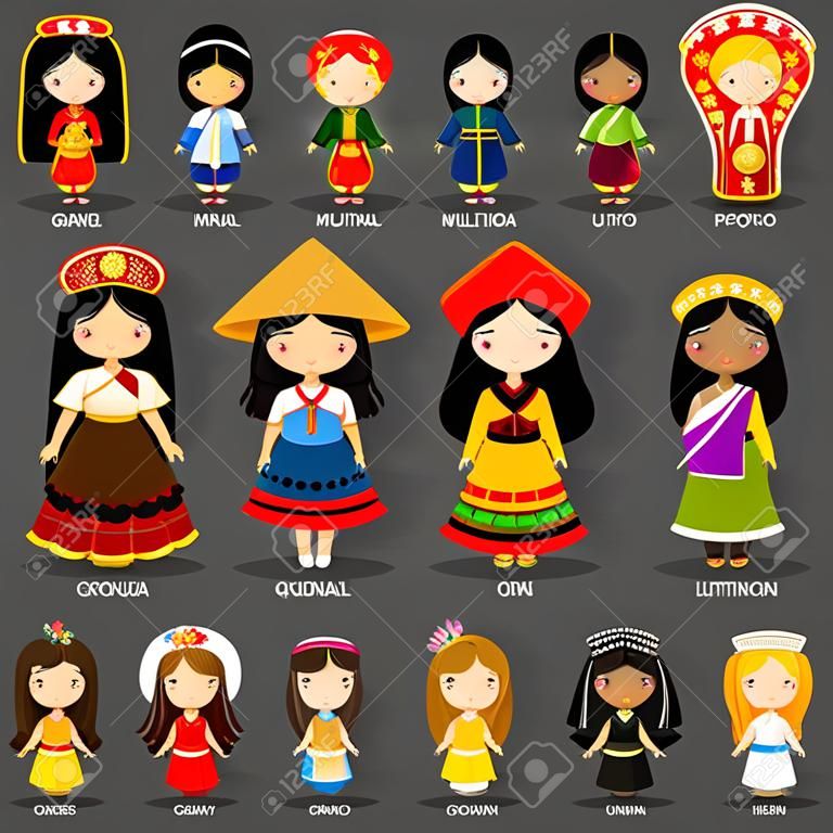 다른 민족 의상을 입은 만화 소녀. 다문화 국가 여자, 행성 지구에 사람들의 벡터 일러스트 레이 션. 전통 옷을 입고 국제 사람들의 집합입니다.