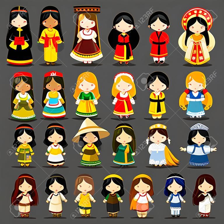 Cartoon girls in different national costumes.