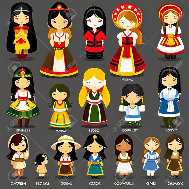 Cartoon girls in different national costumes.