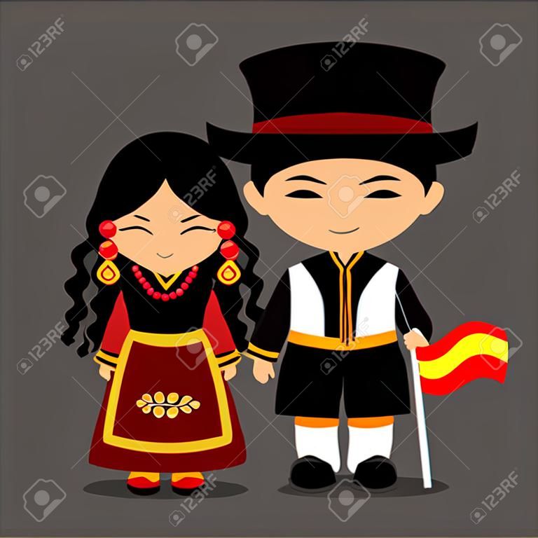 Hiszpański w stroju narodowym z flagą. Chłopiec i dziewczynka w tradycyjnych strojach. Płaskie ilustracji wektorowych.