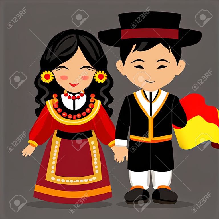 Hiszpański w stroju narodowym z flagą. Chłopiec i dziewczynka w tradycyjnych strojach. Płaskie ilustracji wektorowych.