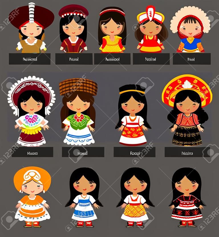 Girls in national costumes. Set of women dressed in national clothes. America, Australia and Oceania. Vector flat illustration.