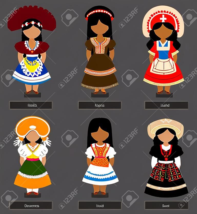 Meninas em trajes nacionais. Conjunto de mulheres vestidas com roupas nacionais. América, Austrália e Oceania. Ilustração plana do vetor.
