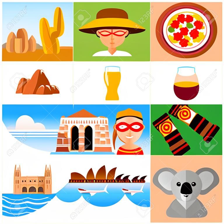 Travel to Australia. Set of traditional cultural symbols, cuisine, architecture. Collection of colorful vector round illustrations for the guidebook.