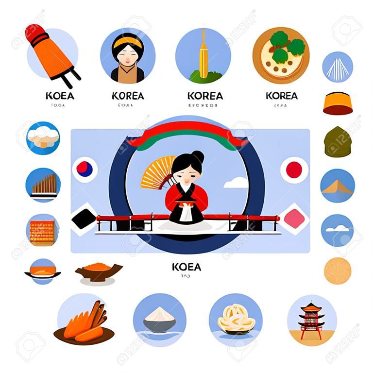 Travel to Korea. Set of vector illustrations. Korean architecture, food, costumes, traditional symbols, people. Collection of flat icons. Guide to Korea.