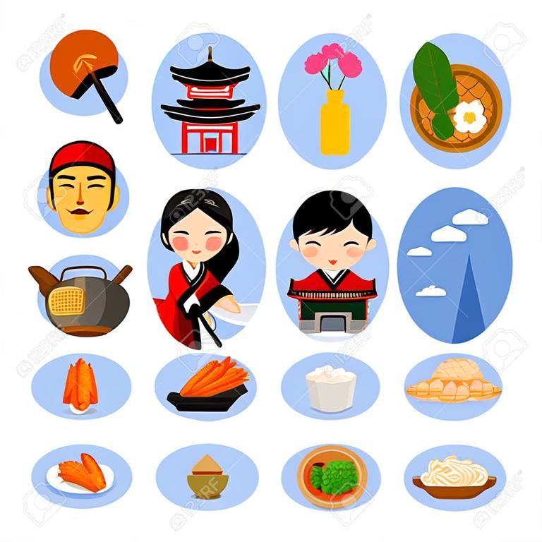 Travel to Korea. Set of vector illustrations. Korean architecture, food, costumes, traditional symbols, people. Collection of flat icons. Guide to Korea.