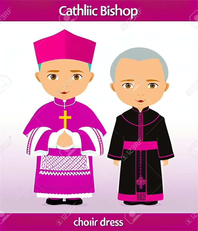 Catholic bishop. Choir and ordinary dresses. Cartoon male character. Vector flat illustration.