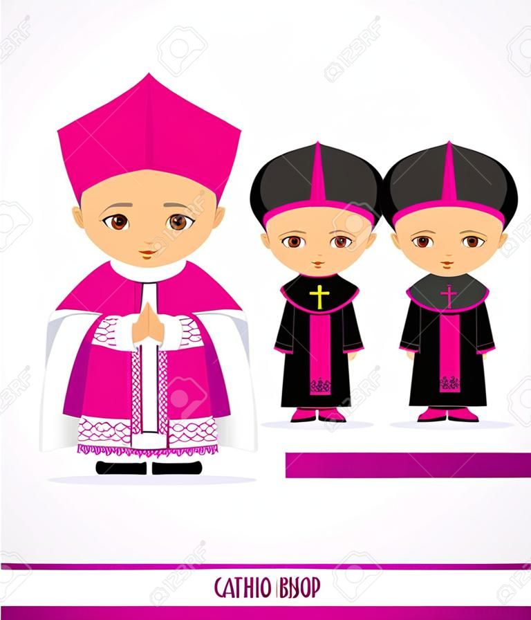 Catholic bishop. Choir and ordinary dresses. Cartoon male character. Vector flat illustration.