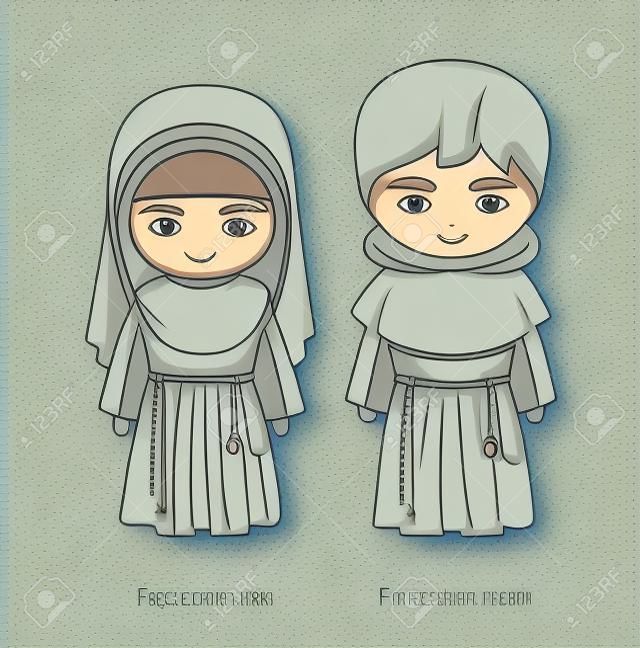 Monge franciscano e freira. Católicos. Homem religioso e mulher. Cartoon character. Ilustração vetorial.