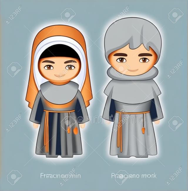 Monge franciscano e freira. Católicos. Homem religioso e mulher. Cartoon character. Ilustração vetorial.