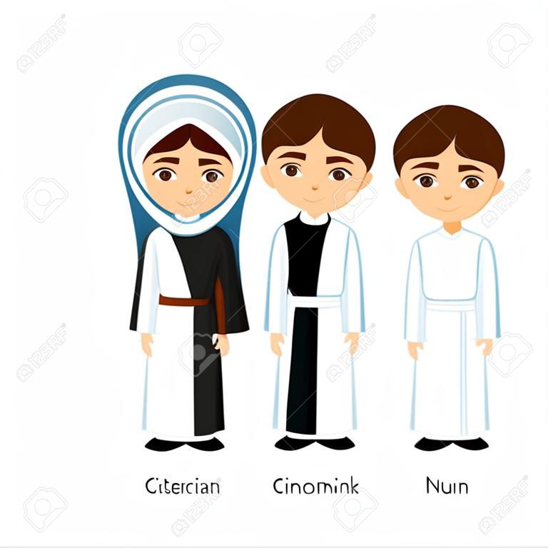 Moine et nonne cistercienne. catholiques. Homme et femme religieux. Personnage de dessin animé. Illustration vectorielle.