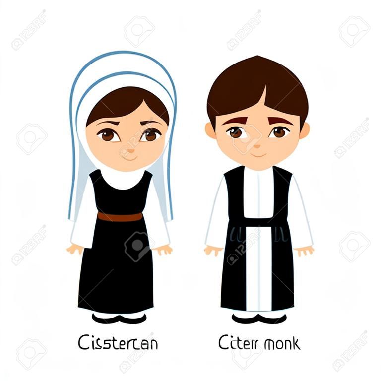 Monaco e monaca cistercense. cattolici. Uomo e donna religiosi. Personaggio dei cartoni animati. Illustrazione vettoriale.