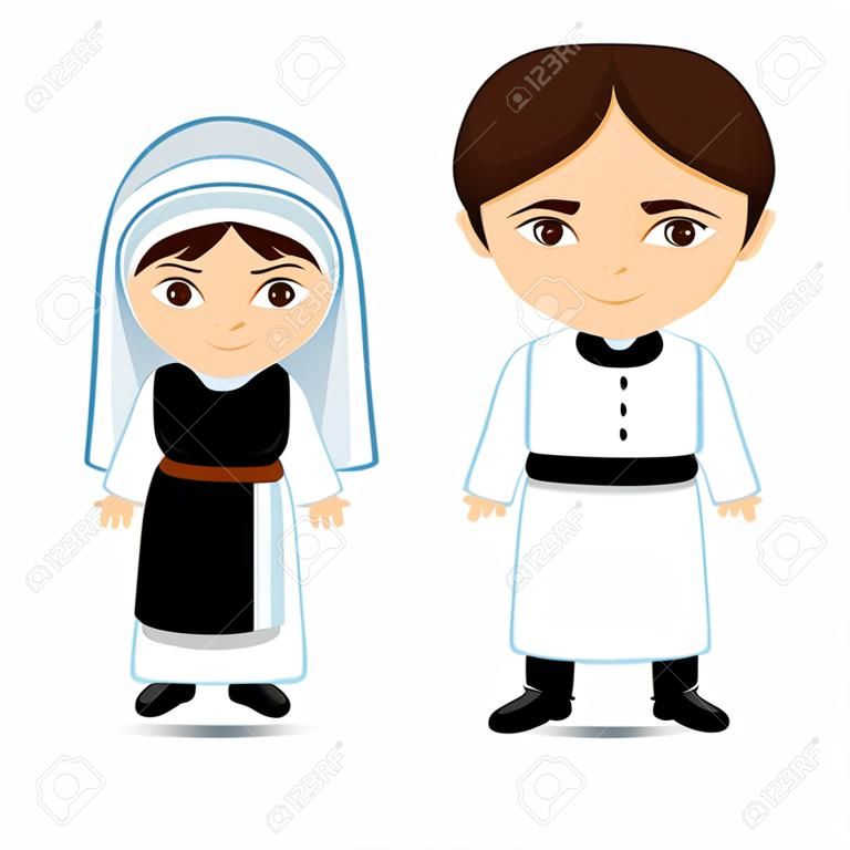 Cistercian monk and nun. Catholics. Religious man and woman. Cartoon character. Vector illustration.