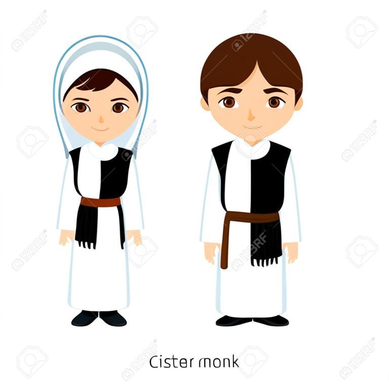 Monaco e monaca cistercense. cattolici. Uomo e donna religiosi. Personaggio dei cartoni animati. Illustrazione vettoriale.