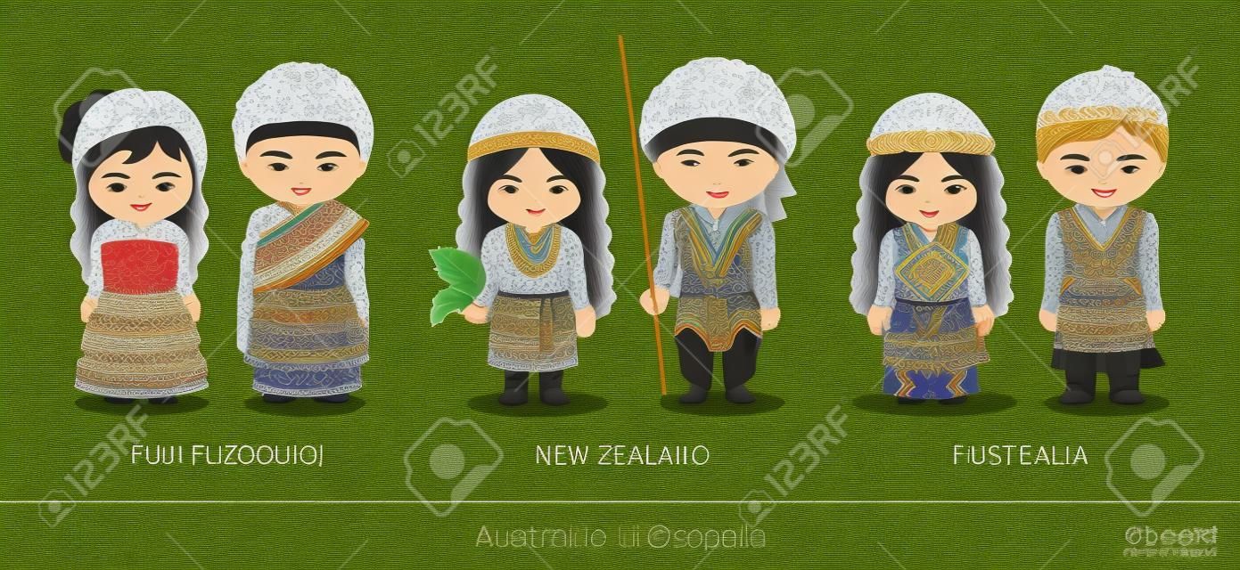 Fuji, Nueva Zelanda, Australia. Conjunto de personas vestidas con trajes tradicionales étnicos. Personajes de dibujos animados aislados. Australia y Oceanía.