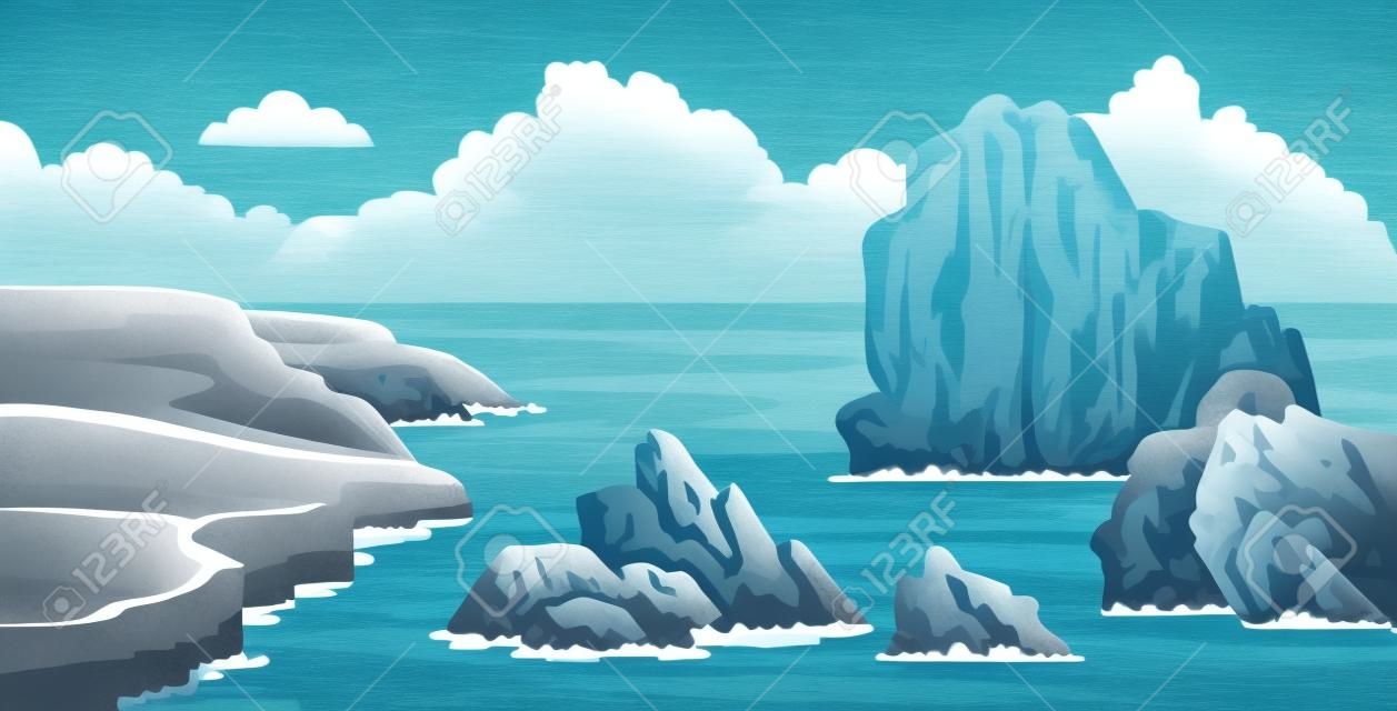 Seascape with rocks sticking up of water surface. Ocean landscape with cliffs, coast, sea foam and big cloud in the sky. Summer hand-drawn illustration.