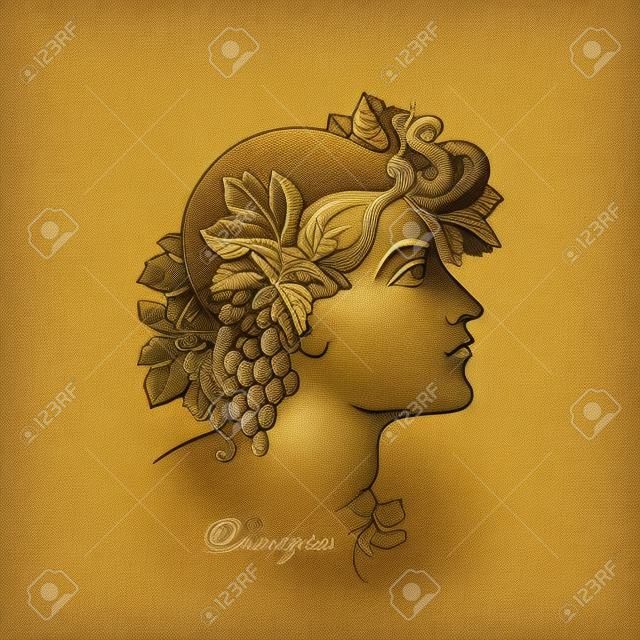Mythological Dionysus or Bacchus in contour style isolated on white background. God of the grape harvest, winemaking and wine in Greek mythology. Series of mythological creatures