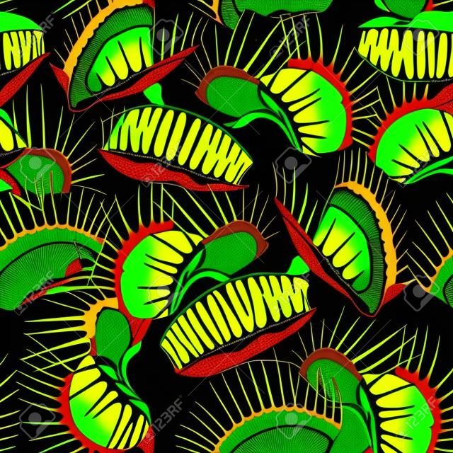 Seamless pattern with Venus Flytrap or Dionaea muscipula on the dark green background. Background with carnivorous plants in contour style.