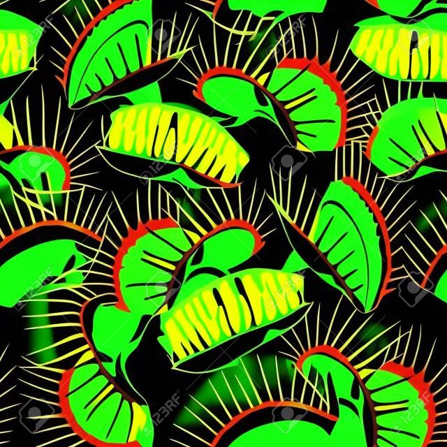 Seamless pattern with Venus Flytrap or Dionaea muscipula on the dark green background. Background with carnivorous plants in contour style.