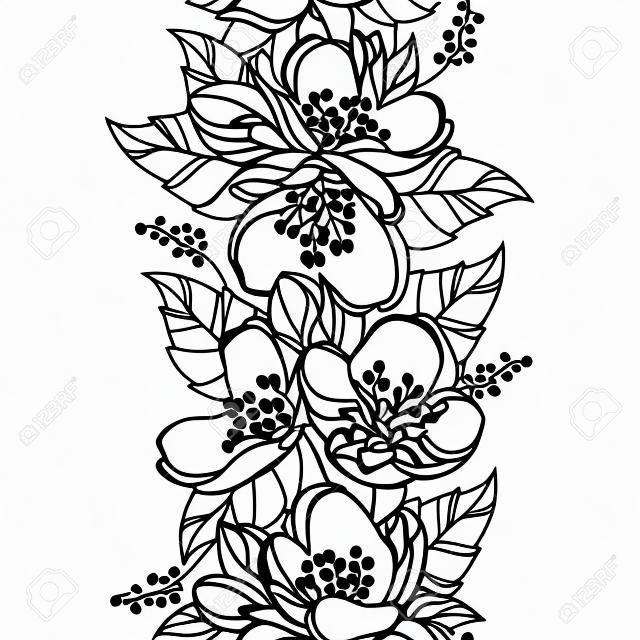 Seamless pattern with outline Jasmine flower bunch, bud and ornate leaf in black on the white background. Vertical border with contour jasmin flowers for summer design or coloring book.