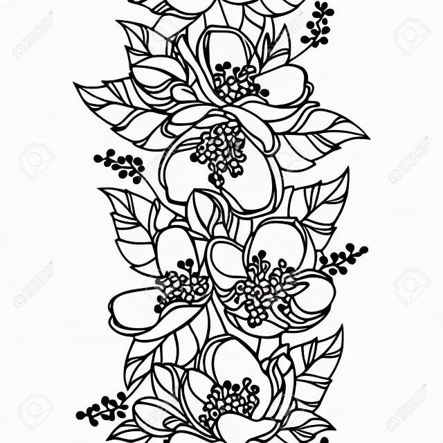 Seamless pattern with outline Jasmine flower bunch, bud and ornate leaf in black on the white background. Vertical border with contour jasmin flowers for summer design or coloring book.