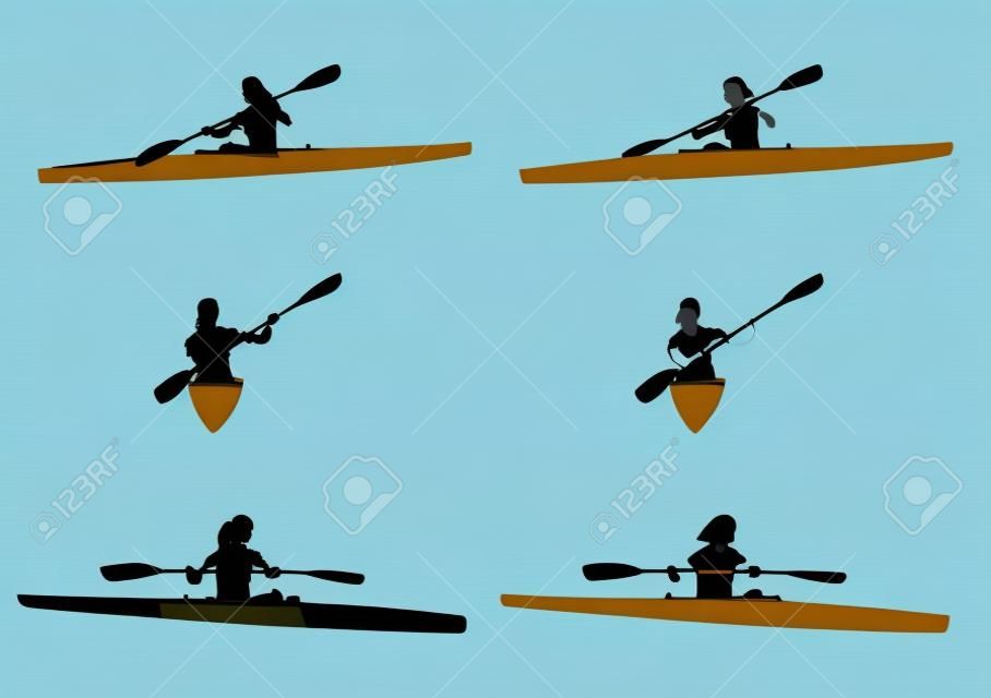 woman kayaking silhouettes and illustration - vector