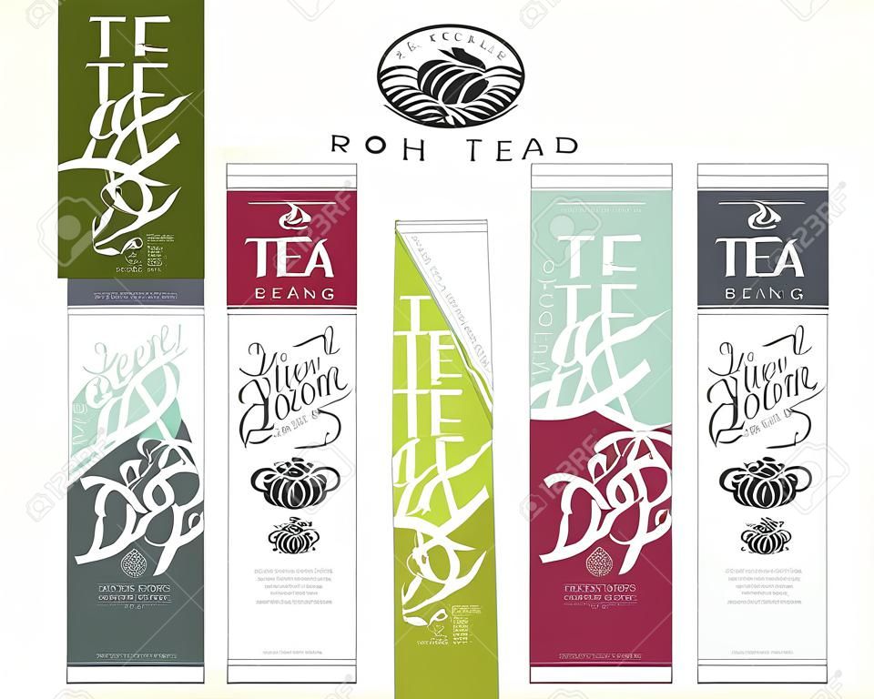 Wektor zestaw herbaty opakowań szablony, etykiety, banner, plakat, tożsamości, brandingu. Stylowy wygląd dla czarnej herbaty - zielona herbata - biała herbata - herbata oolong