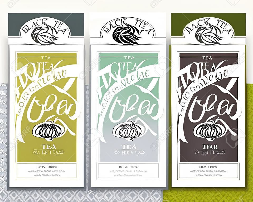 Векторный набор шаблонов упаковки чая, этикетки, баннер, плакат, идентичности, брендинга. Стильный дизайн для черного чая - зеленый чай - белый чай - Улун