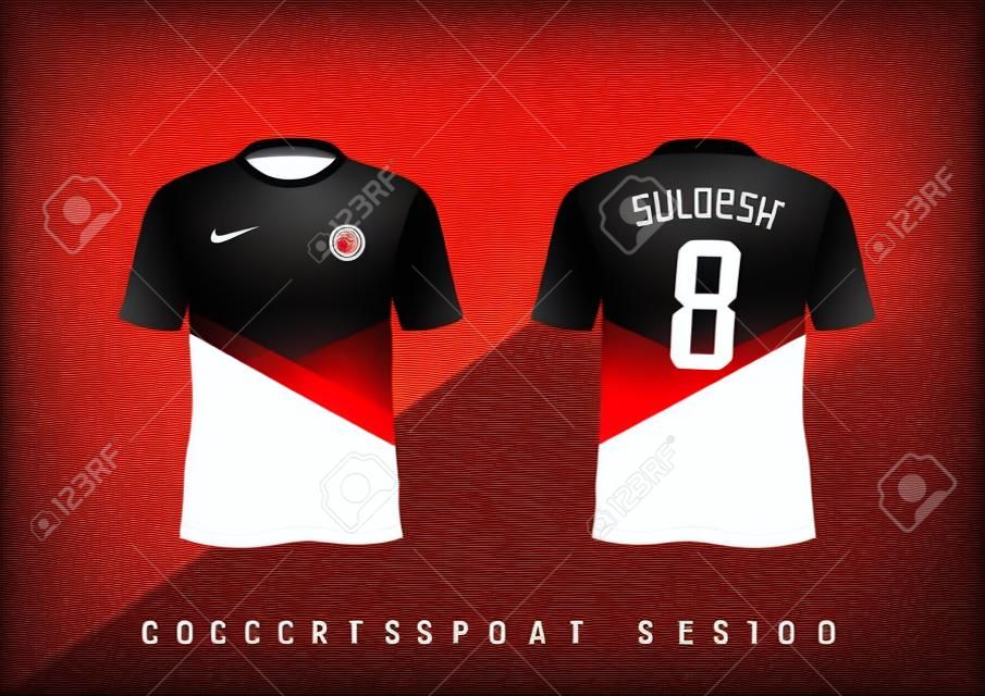 Sportowa koszulka piłkarska o dopasowanym kroju w kolorze czerwonym i czarnym z okrągłym dekoltem. ilustracji wektorowych.