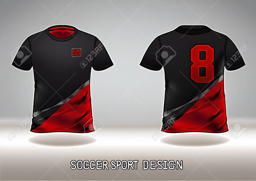 Sportowa koszulka piłkarska o dopasowanym kroju w kolorze czerwonym i czarnym z okrągłym dekoltem. ilustracji wektorowych.