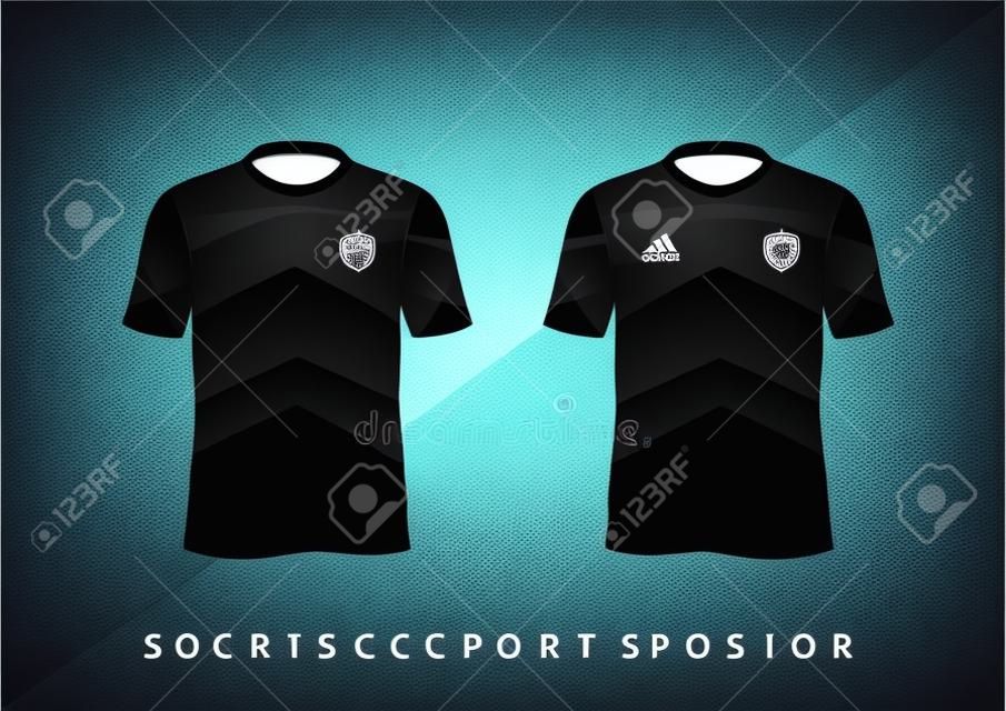 T-shirt sportiva da calcio dal design aderente nera con girocollo. Illustrazione vettoriale.