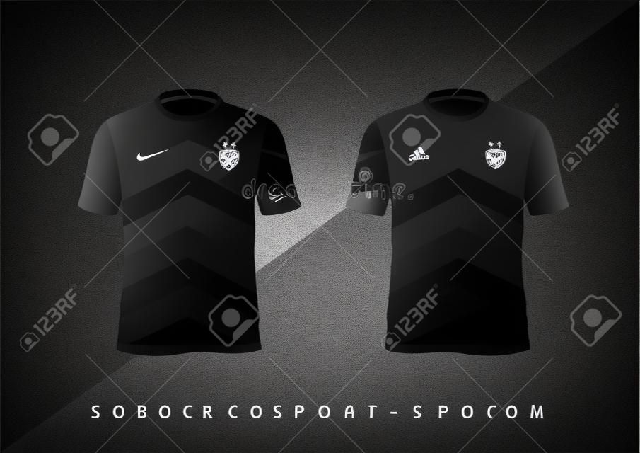 Sportowa koszulka piłkarska o dopasowanym, czarnym kroju z okrągłym dekoltem. Ilustracja wektorowa.