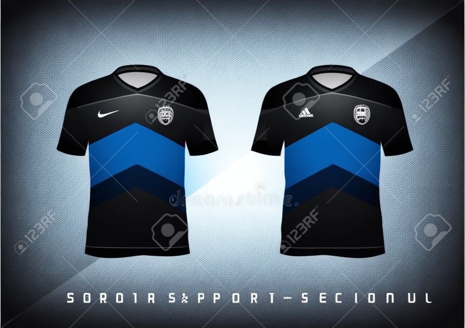 足球运动T恤设计，修身黑色，圆领。传染媒介例证。