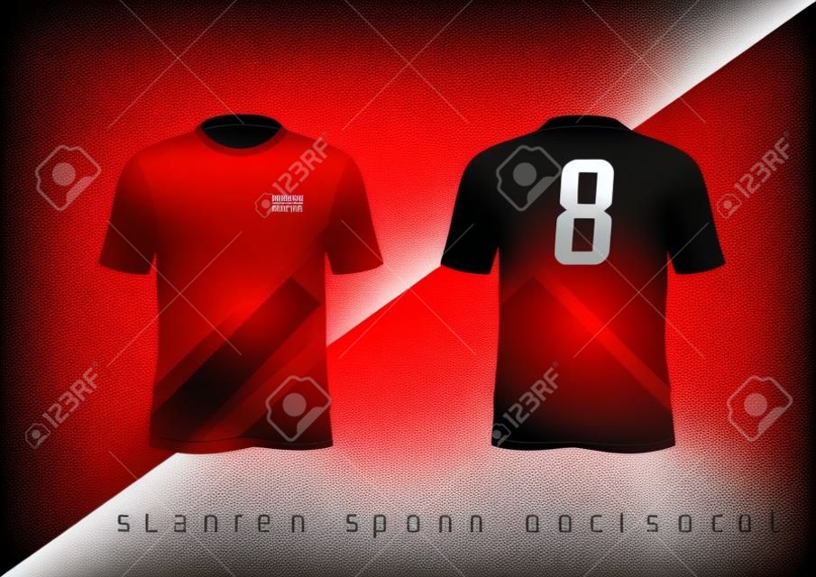 T-shirt sportiva da calcio dal design aderente rosso e nero con girocollo. Illustrazione vettoriale.