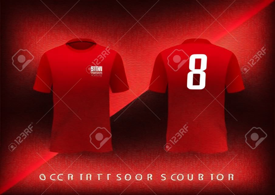 Sportowa koszulka piłkarska o dopasowanym kroju, czerwono-czarna z okrągłym dekoltem. Ilustracji wektorowych.