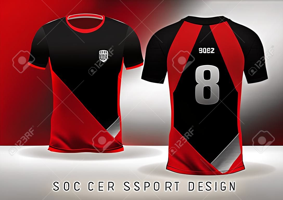 Camiseta deportiva de fútbol con diseño entallado en rojo y negro con cuello redondo. Ilustración vectorial.