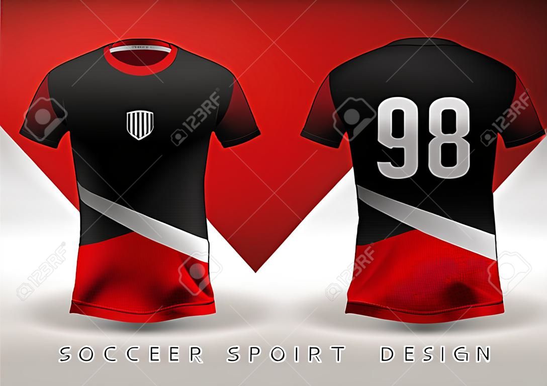 T-shirt sportiva da calcio dal design aderente rosso e nero con girocollo. Illustrazione vettoriale.