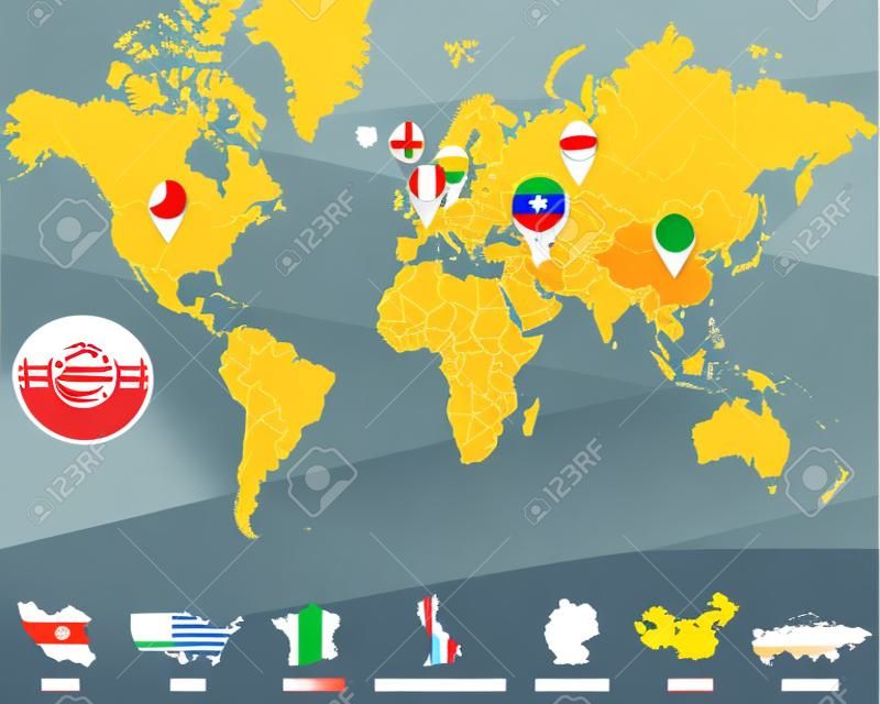 İran, ABD, Fransa, İngiltere, Almanya, Çin, Rusya işaretçileri ile Dünya haritası. İran'a yaptırımlar. Vektör Çizim.