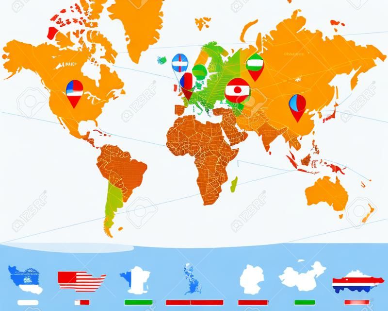 İran, ABD, Fransa, İngiltere, Almanya, Çin, Rusya işaretçileri ile Dünya haritası. İran'a yaptırımlar. Vektör Çizim.
