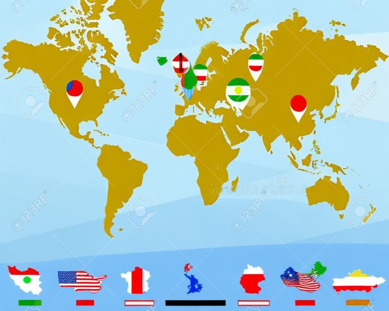 World map with Iran, USA, France, UK, Germany, China, Russia pointers. Iran sanctions. Vector Illustration.