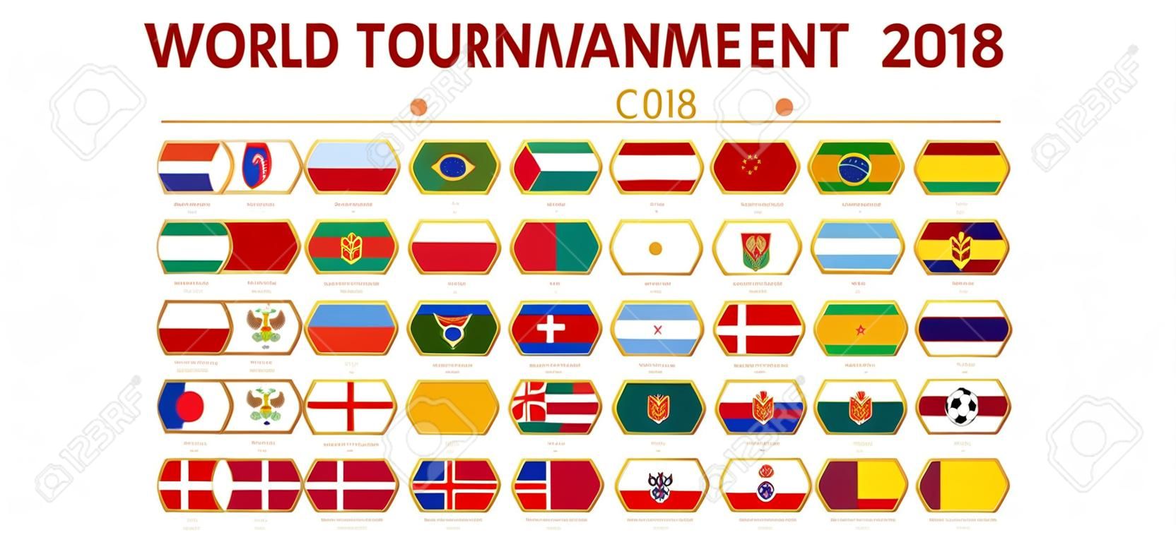 Football world tournament 2018 in Russia, flags of all participants by group 