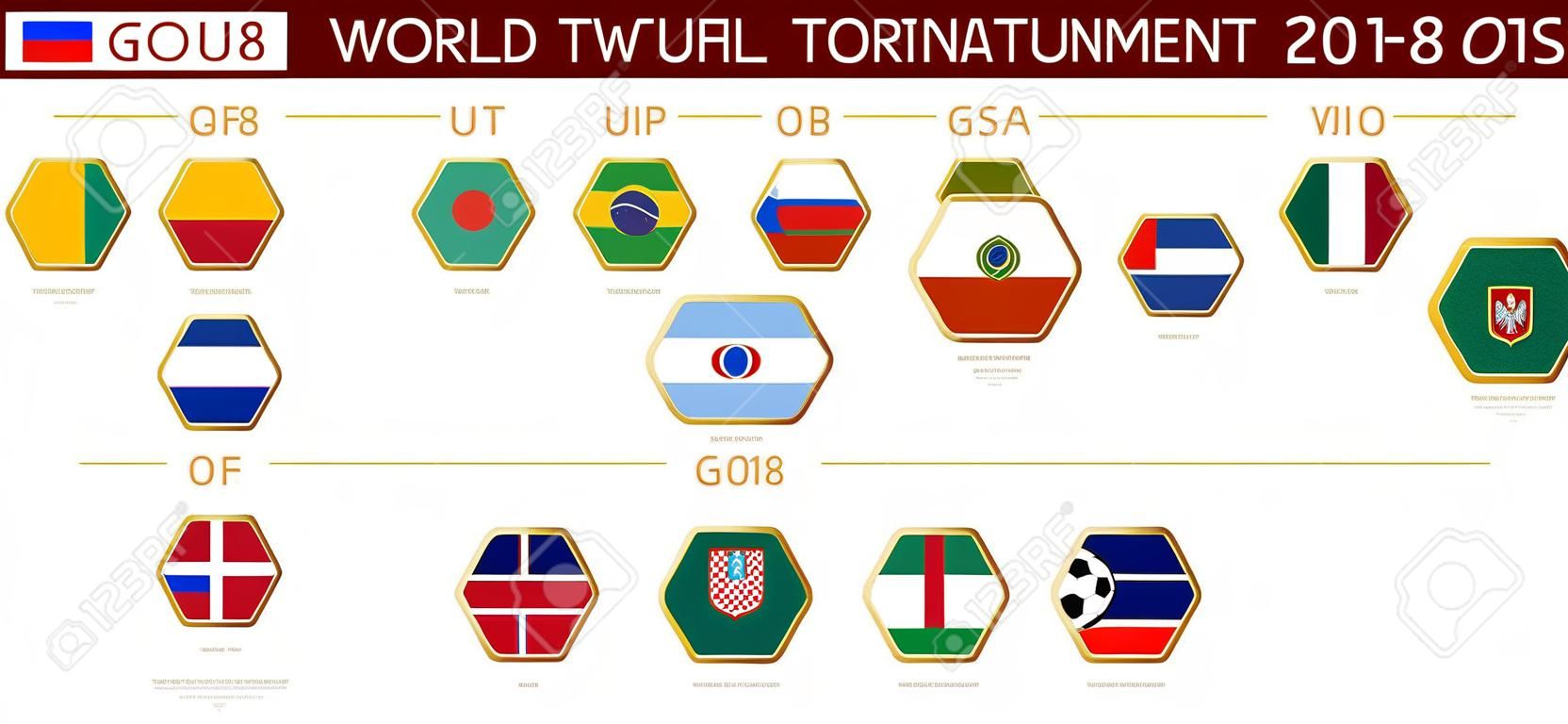 Football world tournament 2018 in Russia, flags of all participants by group 